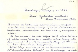 [Carta] 1948 mar. 7, Santiago, Chile [a] Gabriela Mistral, San Francisco, Cal[ifornia], [EE.UU.]