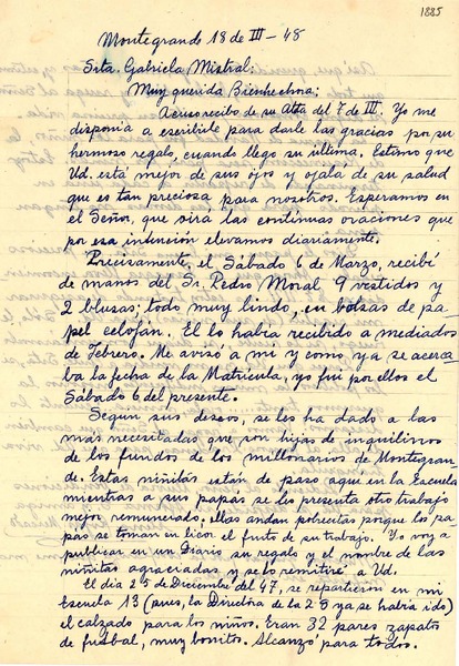[Carta] 1948 mar. 18, Montegrande, [Chile] [a] Gabriela Mistral