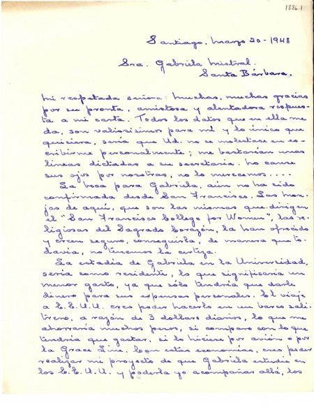 [Carta] 1948 mar. 20, Santiago, [Chile] [a] Gabriela Mistral, Santa Bárbara, [EE.UU.]