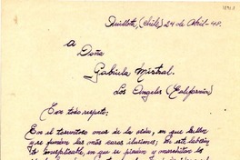 [Carta] 1948 abr. 24, Quillota, Chile [a] Gabriela Mistral, Los Angeles, California, [EE.UU.]