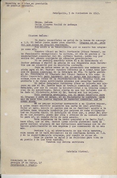 [Carta] 1943 nov. 3, Petrópolis, Brasil [a] Celia Álvarez Mouliá de Amézaga, Montevideo