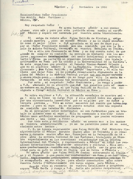 [Carta] 1952 nov. 6, Nápoles, [Italia] [a] Presidente Adolfo Ruiz Cortines, México D. F.