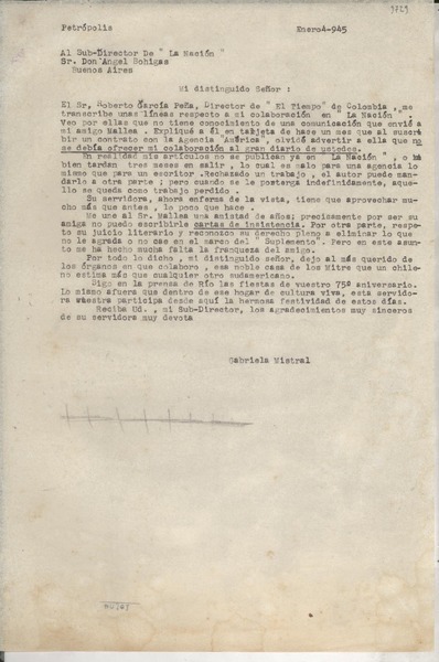 [Carta] 1945 ene. 4, Petrópolis, [Brasil] [a] Ángel Bohigas, Buenos Aires, [Argentina]