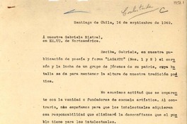 [Carta] 1949 sept. 16, Santiago, Chile [a] Gabriela Mistral, EE.UU.