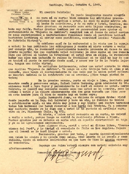 [Carta] 1949 oct. 6, Santiago, Chile [a] Gabriela [Mistral]