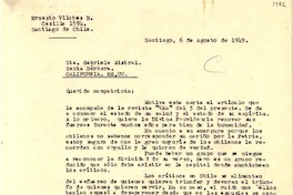 [Carta] 1949 ago. 6, Santiago [a] Gabriela Mistral, Santa Bárbara, California, EE.UU
