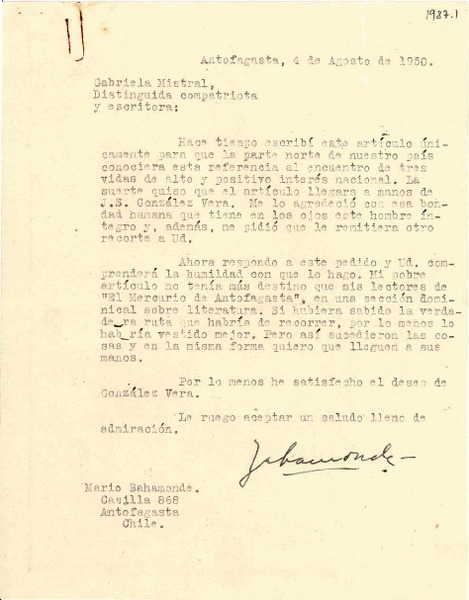 [Carta] 1950 ago. 4, Antofagasta, Chile [a] Gabriela Mistral