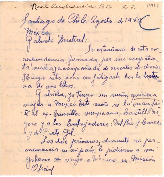 [Carta] 1950 ago., Santiago, Chile [a] Gabriela Mistral, México