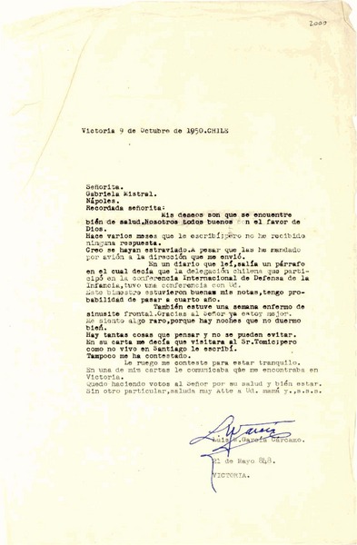 [Carta] 1950 oct. 9, Victoria, [Chile] [a] Gabriela Mistral, Nápoles, [Italia]