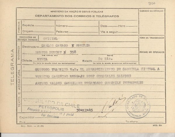 [Telegrama] 1945 nov. 30, Petrópolis [a] Carlos Cavaco, Río de Janeiro