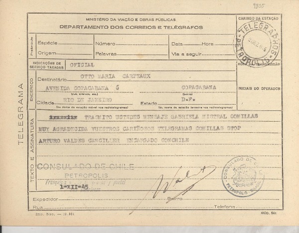 [Telegrama] 1945 dic. 1, Petrópolis [a] Otto María Carpeaux, Río de Janeiro