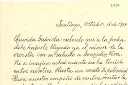[Carta] 1950 oct. 18, Santiago [a] Gabriela Mistral