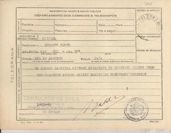 [Telegrama] 1945 dic. 1, Petrópolis, [Brasil] [a] Roquete Pinto, Río de Janeiro