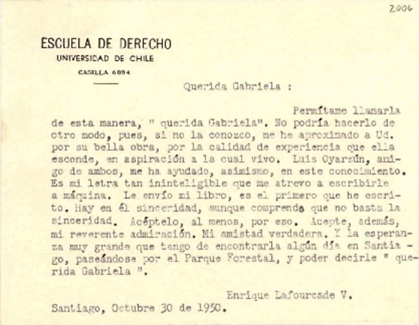 [Tarjeta] 1950 oct. 30, Santiago [a] Gabriela Mistral