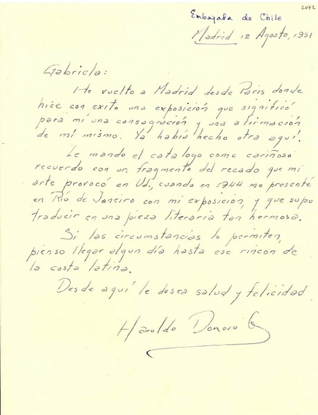 [Carta] 1951 ago. 12, Madrid [a] Gabriela Mistral