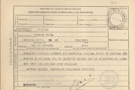 [Telegrama] 1945 dic. 1, Petrópolis, Brasil [a] Afonso [i.e. Alfonso] Costa, Rio de Janeiro, [Brasil]