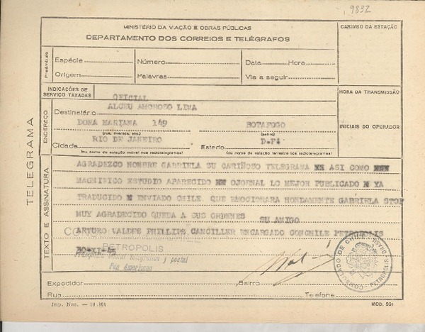 [Telegrama] 1945 nov. 30, Petrópolis, Brasil [a] Alceu Amoroso Lima, Rio de Janeiro, [Brasil]