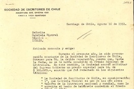 [Carta] 1951 ago. 16, Santiago, Chile [a] Gabriela Mistral, Nápoles, Italia