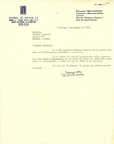 [Carta] 1951 ago. 2, Santiago, Chile [a] Gabriela Mistral, Rapallo, Italia