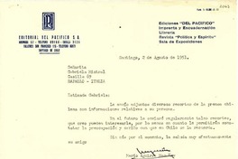 [Carta] 1951 ago. 2, Santiago, Chile [a] Gabriela Mistral, Rapallo, Italia