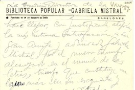 [Tarjeta] 1951 ago. 4, Canelones, [Uruguay] [a] Gabriela Mistral, Rapallo, Italia