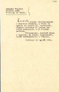 [Carta] 1951 ago. 11, Santiago, Chile [a] Gabriela Mistral, [Nápoles], [Italia]