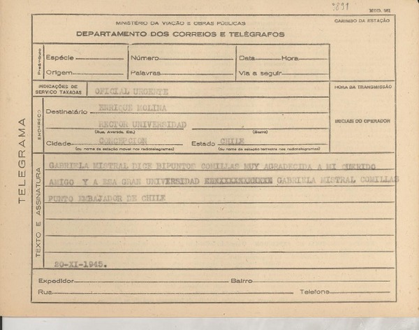 [Telegrama] 1945 nov. 20, [Brasil] [a] Enrique Molina, Concepción, Chile