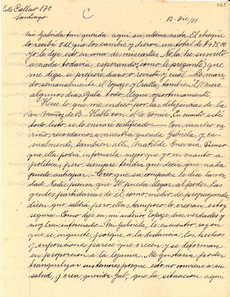[Carta] 1951 dic. 12, Santiago, [Chile] [a] Gabriela Mistral