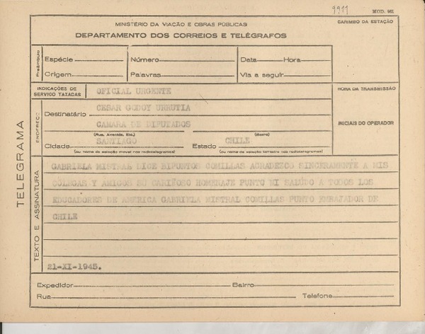 [Telegrama] 1945 nov. 21, [Brasil] [a] César Godoy Urrutia, Santiago, Chile
