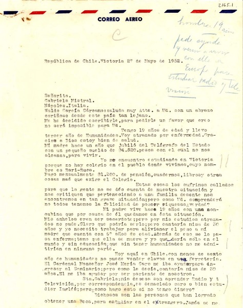 [Carta] 1952 mayo 27, Victoria, Chile [a] Gabriela Mistral, Nápoles, Italia