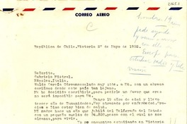 [Carta] 1952 mayo 27, Victoria, Chile [a] Gabriela Mistral, Nápoles, Italia