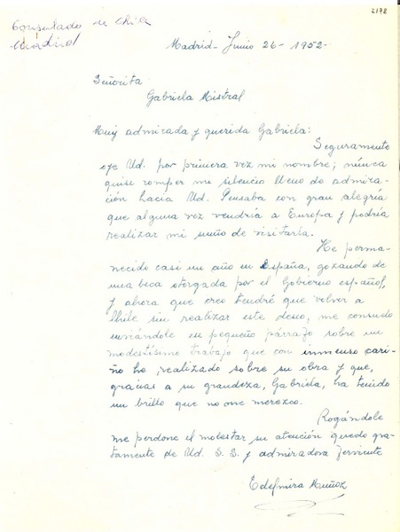 [Carta] 1952 jun. 26, Madrid, [España] [a] Gabriela Mistral