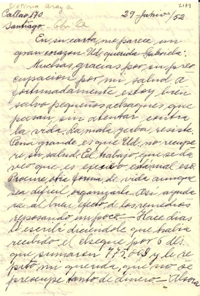 [Carta] 1952 jun. 29, Santiago, [Chile] [a] Gabriela [Mistral]