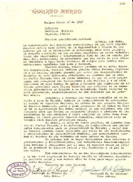 [Carta] 1952 jul. 12, Bulnes, [Chile] [a] Gabriela Mistral, Rapallo, Italia