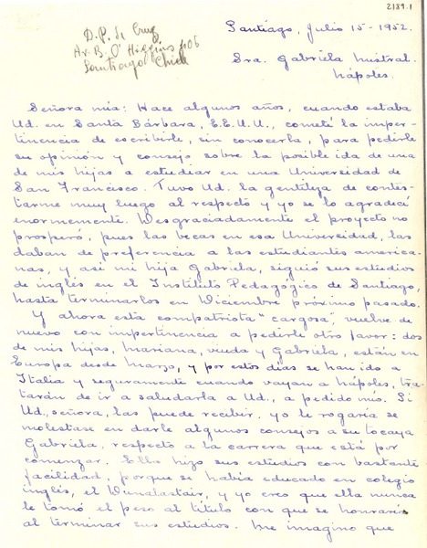 [Carta] 1952 jul. 15, Santiago [a] Gabriela Mistral, Nápoles