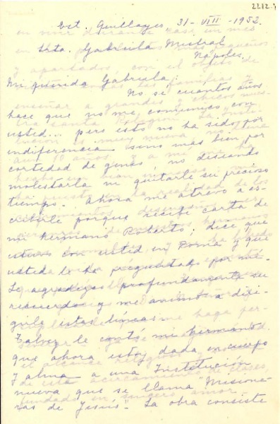 [Carta] 1952 ago. 31, Estación Quillayes, [Chile] [a] Gabriela Mistral, Nápoles, [Italia]