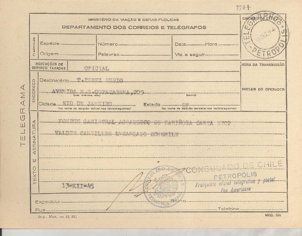 [Telegrama] 1945 nov. 30, Petrópolis [a] T. Pérez Rubio, Río de Janeiro