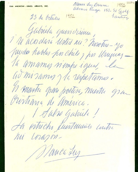 [Carta] 1952 oct. 23, Santiago [a] Gabriela Mistral