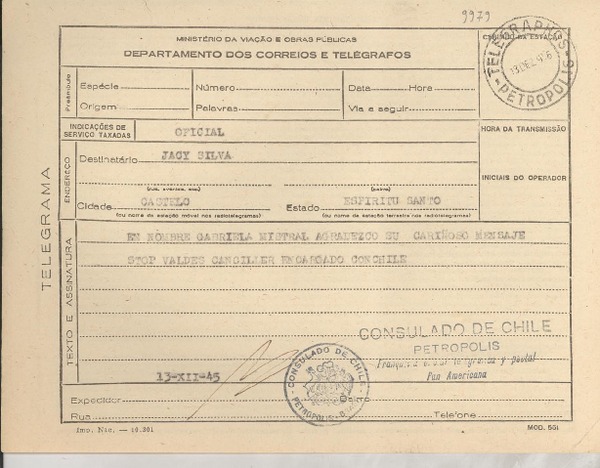 [Telegrama] 1945 dic. 13, Petrópolis [a] Jacy Silva, Castelo, Espíritu Santo
