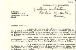 [Carta] 1953 ene. 30, Santiago, Chile [a] Gabriela Mistral, Consulado de Chile, Miami, [EE.UU.]
