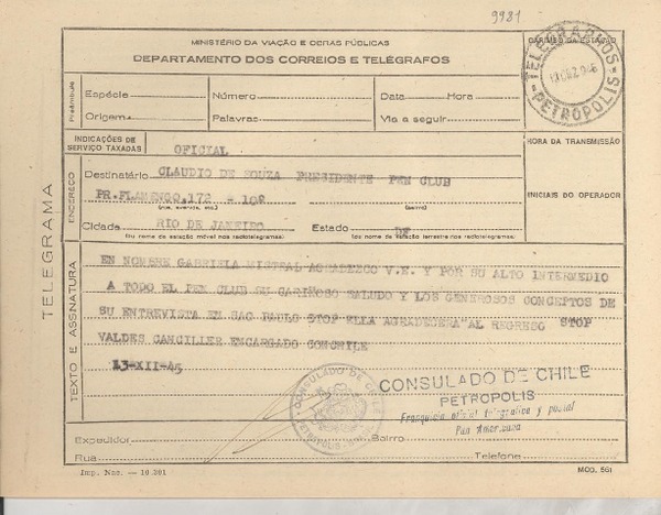[Telegrama] 1945 dic. 13, Petrópolis, Brasil [a] Claudio de Souza, Rio de Janeiro, [Brasil]