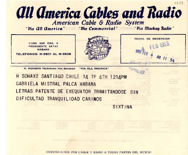 [Telegrama] 1953 feb. 4, Santiago, Chile [a] Gabriela Mistral, La Habana