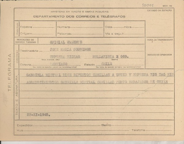 [Telegrama] 1945 nov. 23, [Brasil] [a] José María Souviron, Santiago, Chile