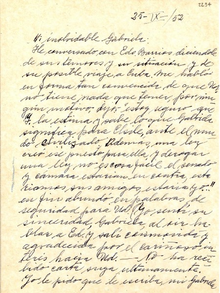 [Carta] 1952 sept. 9, Santiago [a] Gabriela Mistral