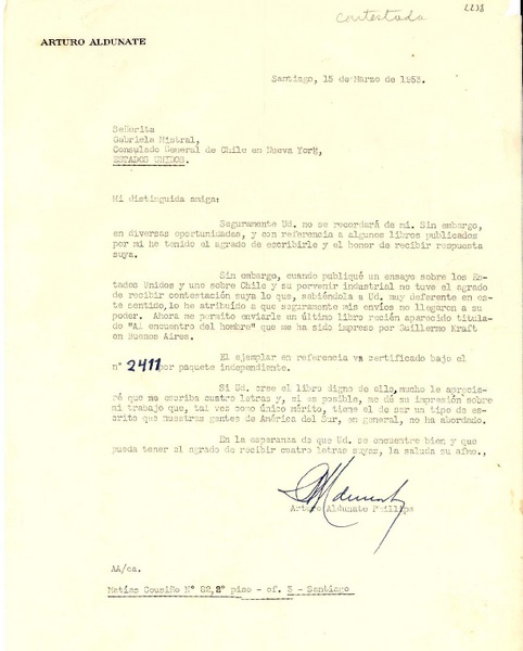 [Carta] 1953 mar. 15, Santiago, [Chile] [a] Gabriela Mistral, Consulado General de Chile en Nueva York, Estados Unidos