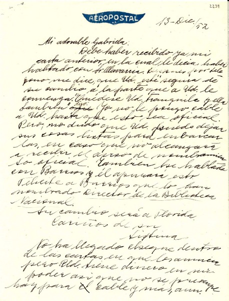 [Carta] 1952 dic. 13, Santiago [a] Gabriela Mistral