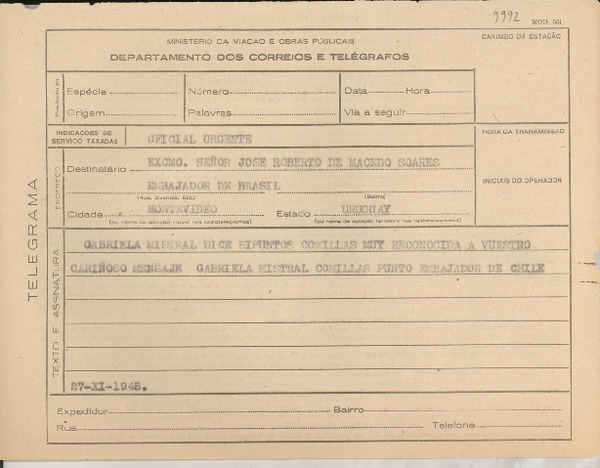[Telegrama] 1945 nov. 27, [Brasil] [a] José Roberto de Macedo Soares, Montevideo, Uruguay