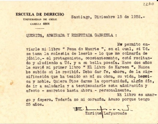 [Tarjeta] 1952 dic. 15, Santiago [a] Gabriela Mistral