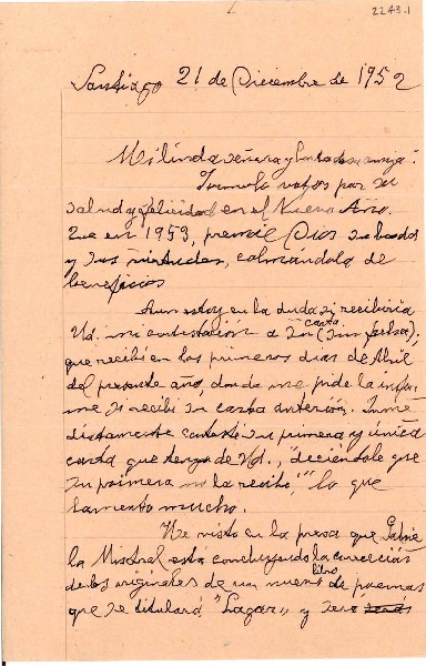 [Carta] 1952 dic. 21, Santiago [a] Gabriela Mistral