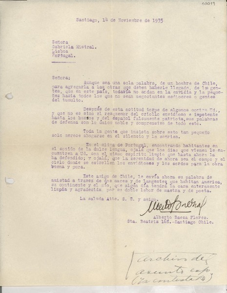 [Carta] 1935 nov. 14, Santiago, [Chile] [a] Gabriela Mistral, Lisboa, Portugal